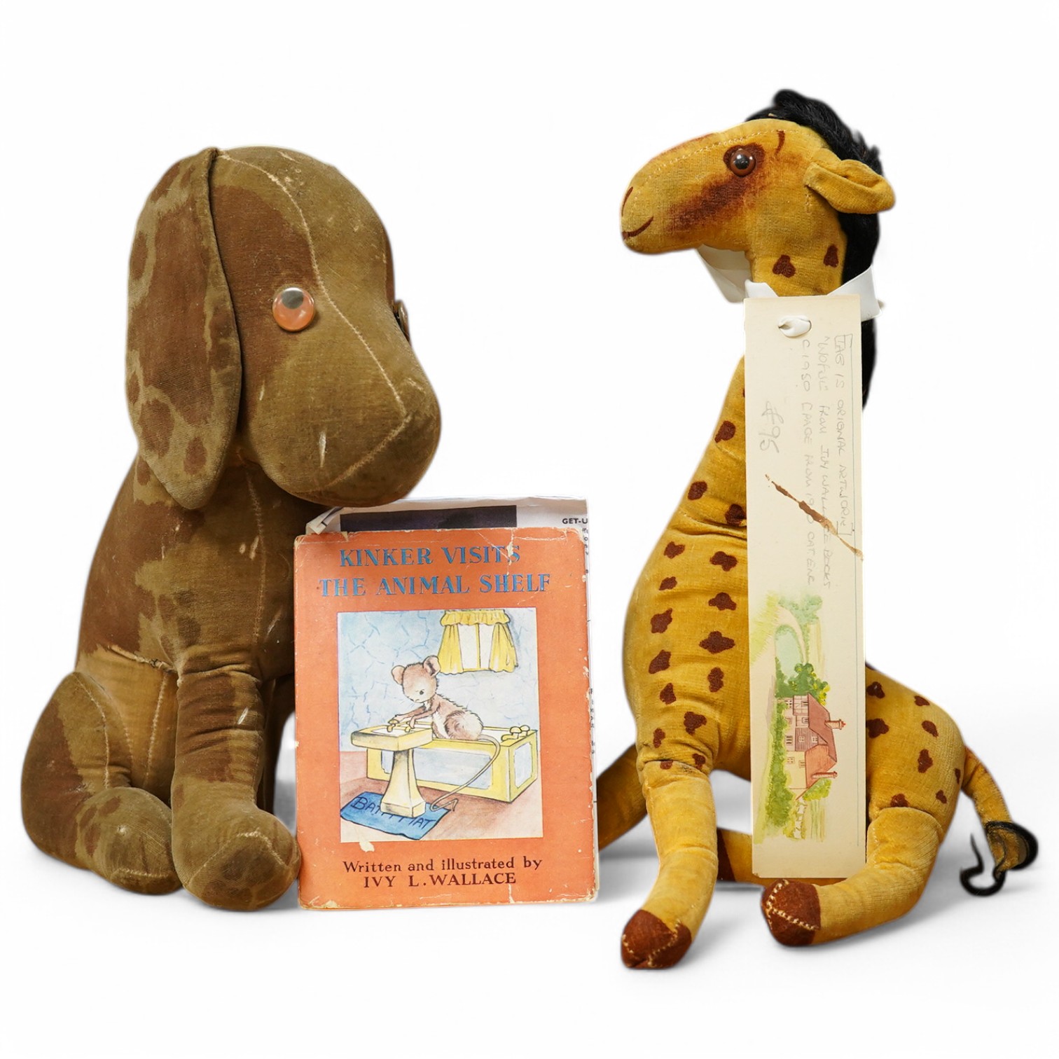 A Dismal Desmond and Get Up Giraffe toy and an animal shelf 1948 book. Condition - fair, wear commensurate with age and use